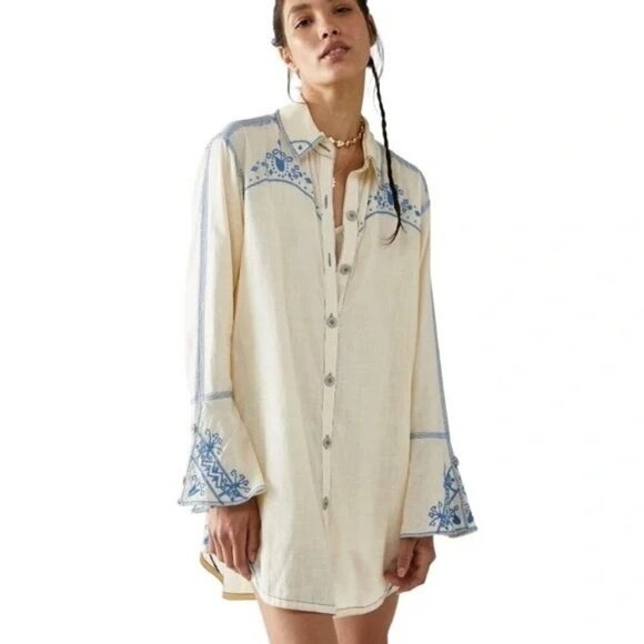 Free People Baby Blues Shirtdress Embroidered Size XS NWT $168 Button Front